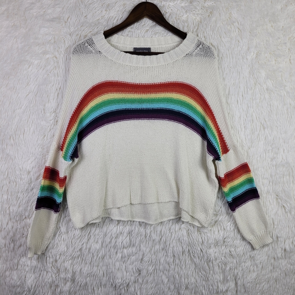 Wooden Ships XS Crochet Open Knit‎ Rainbow Stripe Sweater Oversized Beachy Boho